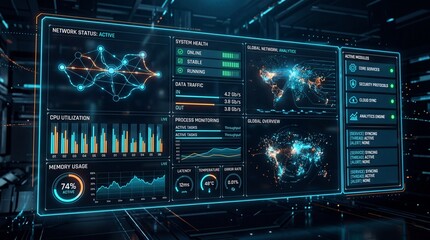 Fototapeta premium Futuristic data visualization interface with global metrics and elegant graphs in a high-tech environment