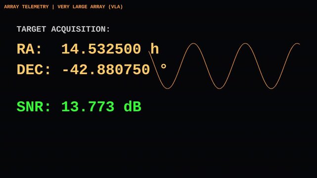 Deep space radio telescope telemetry dashboard tracking target acquisition coordinates and signaltonoise ratio for astronomy