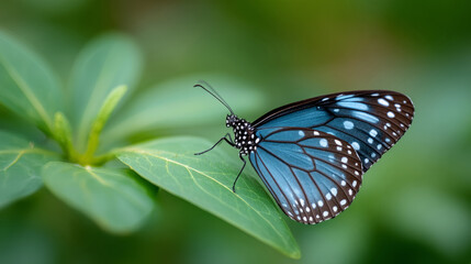 Naklejka premium Blue butterfly on leaf: nature's delicate beauty in focus