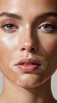 Close up portrait of young woman with natural glowing skin beauty skincare concept healthy complexion minimal makeup studio lighting high detail