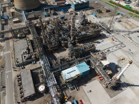 Aerial view of Salt End Chemical Park with its complex network of industrial pipes, distillation towers, and storage facilities Salt End, England, United Kingdom.