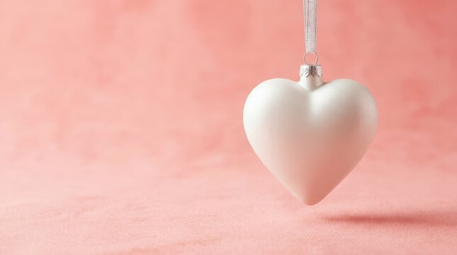 White heart shaped bauble for festive season on light red backdrop, commercial design concept, versatile modern backdrop, marketable visual appeal, clean composition, generous copy space, soft studio