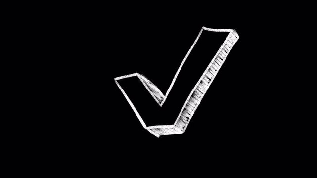 Check mark with white chalk, animation, transparent background