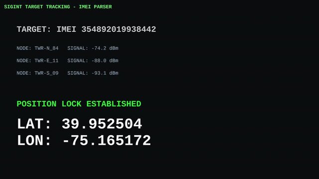 Law enforcement SIGINT terminal triangulating cell tower signals to track target IMEI and establish GPS position lock
