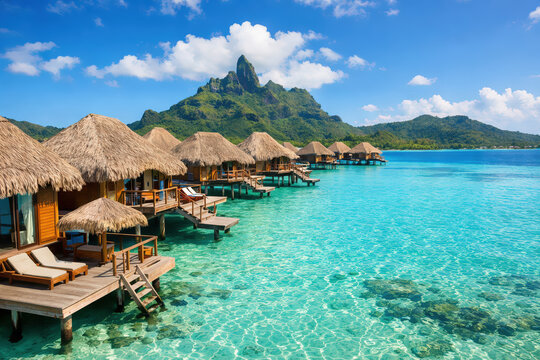 Luxury overwater villas white sandy beach and Otemanu mountain at Bora Bora island, Tahiti, French Polynesia