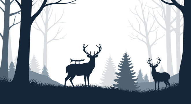 Silhouette of deer in a forest landscape with a foggy atmosphere