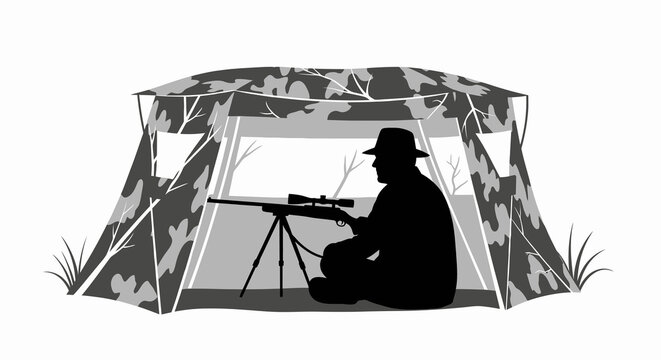 Hunter with rifle positioned inside a camouflaged hunting blind