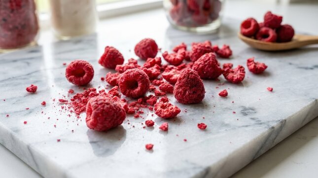 Freeze dried raspberries on a refined marble background, premium food texture concept for healthy snacks, dessert ingredients and gourmet styling themes, vivid red fruit pieces in a clean composition,