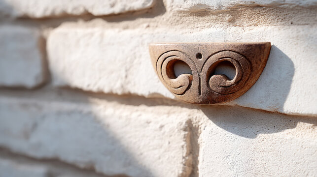 Intricate baroque mask shadow on rustic painted brick wall for artistic design inspiration