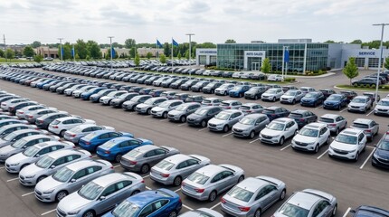 Fototapeta premium New cars at a dealership neatly parked in rows, automotive retail inventory concept, clean vehicles, commercial showroom lot and consumer transportation theme, bright reflections and organized layout,