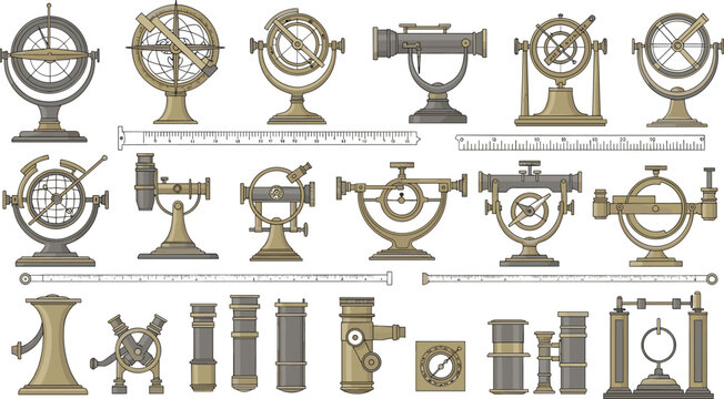 Antique scientific instruments vector set with astrolabe armillary sphere rulers and measuring devices for education history and engineering illustration
