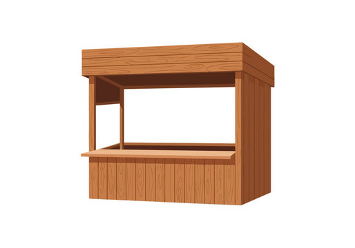 Realistic wooden market stall with flower display, vector illustration for commercial use