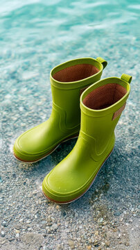 Cozy green rubber boots in shallow lake water for outdoor adventure