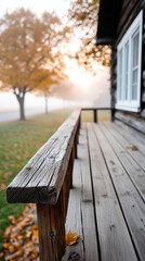 Fototapeta premium Autumn cabin porch enveloped in misty sunrise