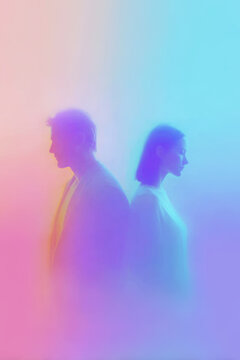 A man and woman stand back to back in pastel neon haze, suggesting distance, tension and emotional separation.