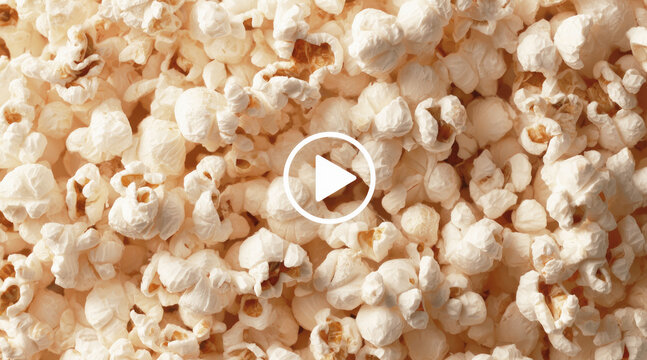 Closeup of fluffy popcorn filling the frame with a centered play icon overlay, suggesting a video thumbnail.
