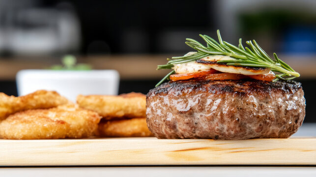 Gourmet grilled beefcake with bone marrow and rosemary garnish for culinary presentation