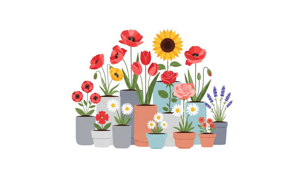 Garden flowers in flowerpots vector set isolated botanical illustration