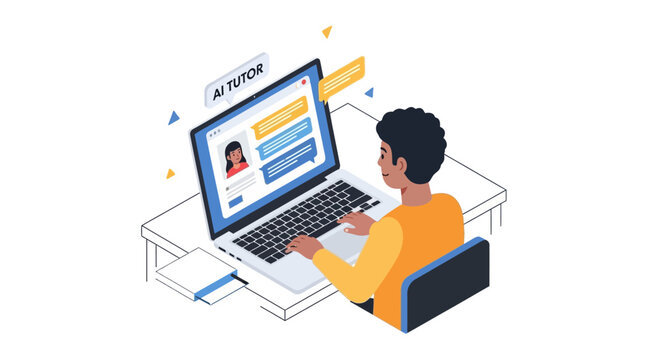 Student Using AI Tutor on Laptop Illustration for Online Education and Digital Learning Concept