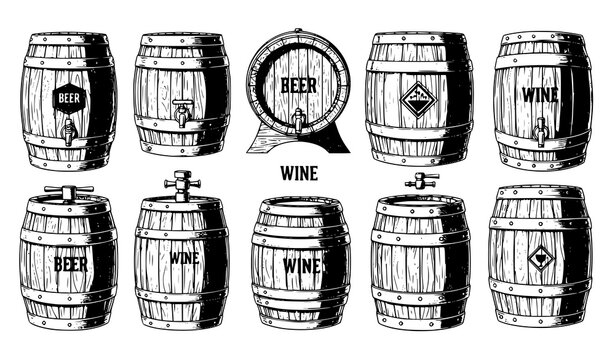 Vintage wooden barrel vector set beer wine storage cask illustration
