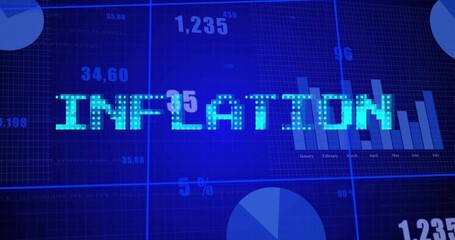 Displaying dotted INFLATION on screen, showing bar chart months, pie segments, numeric readouts © vectorfusionart