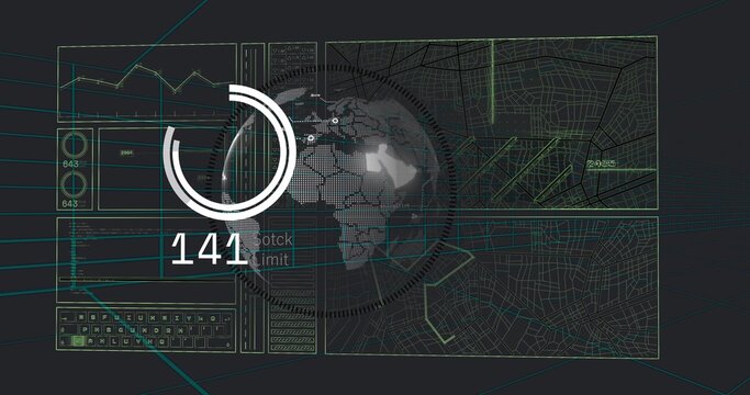 Displaying central dotted globe showing circular progress ring on command-center HUD, showing 141