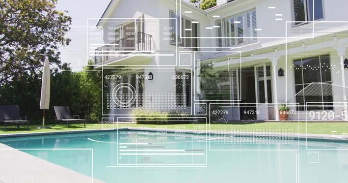 Framing two-story white house overlooking rectangular turquoise pool in backyard, with HUD overlays