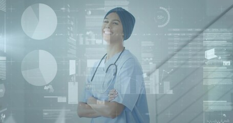 Standing nurse smiling in blue scrubs, dark cap in hospital hall with stethoscope and data overlays © vectorfusionart
