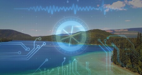 Obraz premium Displaying circular HUD overlaying clear blue lake at shore, with waveform grid and circuit traces