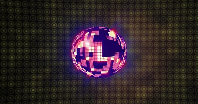 Glowing pixel LED globe emitting magenta light on stage, with tiles, halo and target backdrop