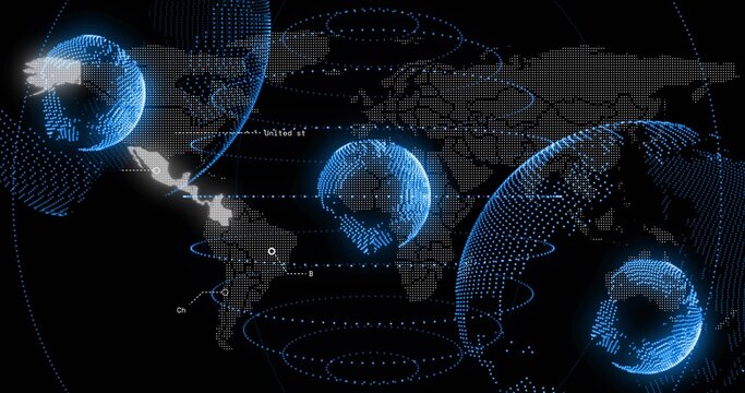 Displaying large right-side dotted globe orbiting over dotted world map with concentric rings
