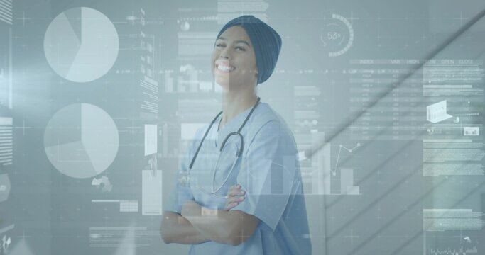 Standing nurse smiling in blue scrubs, dark cap in hospital hall with stethoscope and data overlays