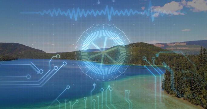 Displaying circular HUD overlaying clear blue lake at shore, with waveform grid and circuit traces