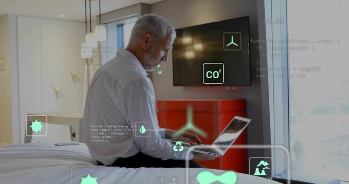 Working man in white shirt, dark trousers typing on laptop on bed in hotel-room, AR overlays