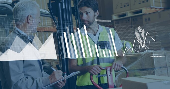 Inspecting manager in coat, scarf noting clipboard worker in hi-vis vest moving jack data charts