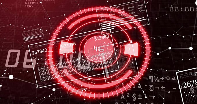 Animating central HUD with red rings, floating data panels, numeric readouts over dark grid
