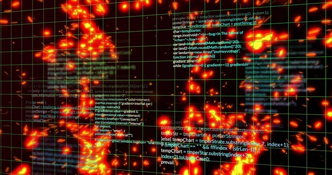 Visualizing digital data field on virtual display, showing neon-green grid, orange heatmap, code