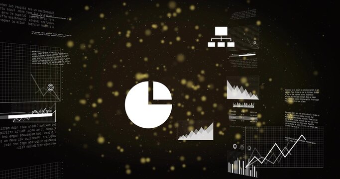 Floating central white pie chart highlighting missing slice in virtual dashboard, with line graphs