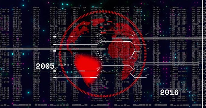 Displaying red circular emblem centered, linking 2005 to 2016 with timeline bars, hex nodes, ERRORs