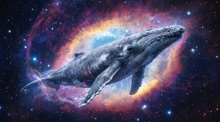 Fototapeta premium Majestic whale drifting in a cosmic nebula, surreal marine fantasy concept for imagination, spirituality and editorial storytelling themes, luminous stars and flowing celestial color create epic