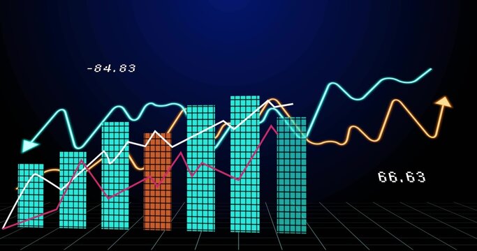 Displaying 3D bars with teal grid columns and orange column on dark gradient, colored lines, labels