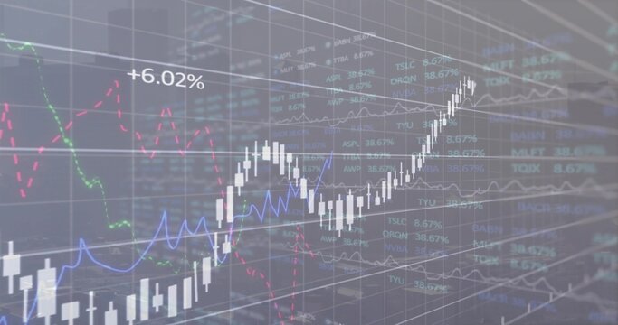 Displaying translucent trading chart on screen, showing white candlesticks, colored lines, +6