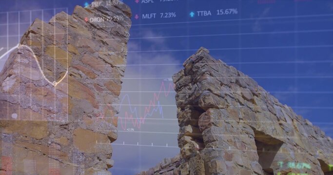 Displaying stone ruins merging with financial overlay in arid terrain, showing niche and rubble