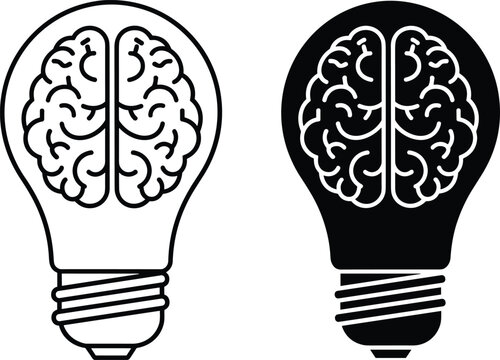 Light bulb brain icon, creativity intelligence symbol, black and white outline, innovation idea illustration, thinking concept design