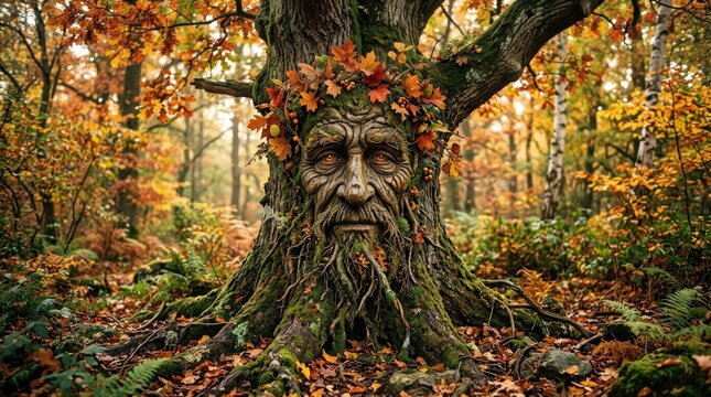 Ancient tree spirit with a weathered face in an autumn forest, mystical nature concept for fantasy, folklore and seasonal editorial themes, textured bark and warm leaves create magical wisdom and