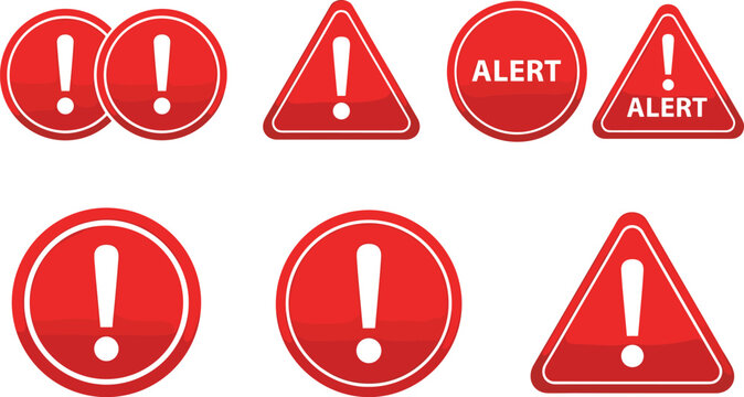 Alert warning icons, red exclamation mark symbols, caution safety design, triangle circle outline illustration, emergency attention concept