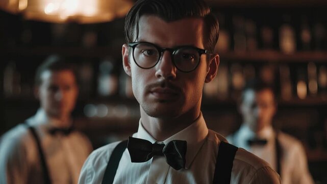 Handsome bartender with a mustache and glasses looking seriously at the camera, with two colleagues out of focus behind him, all wearing bow ties and suspenders in a classic, dimly lit bar