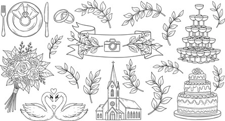 Wedding theme illustration set, black and white line drawings, rings, bouquet, church, swans heart, wedding cake, champagne tower, dinner plate with utensils, ribbon banner with camera icon, leafy bra © Nurjahan