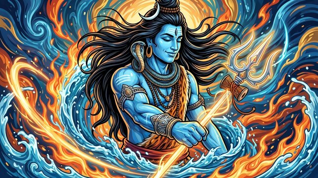 Lord shiva as the master of ganga river for maha shivratri dynamic water splash and mahadev holding trishula trident in powerful spiritual pose for devotees