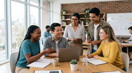 Obraz premium Diverse team smiling and working in a modern office, professional teamwork concept for collaboration, startup culture and business productivity branding, natural interaction, bright workspace,